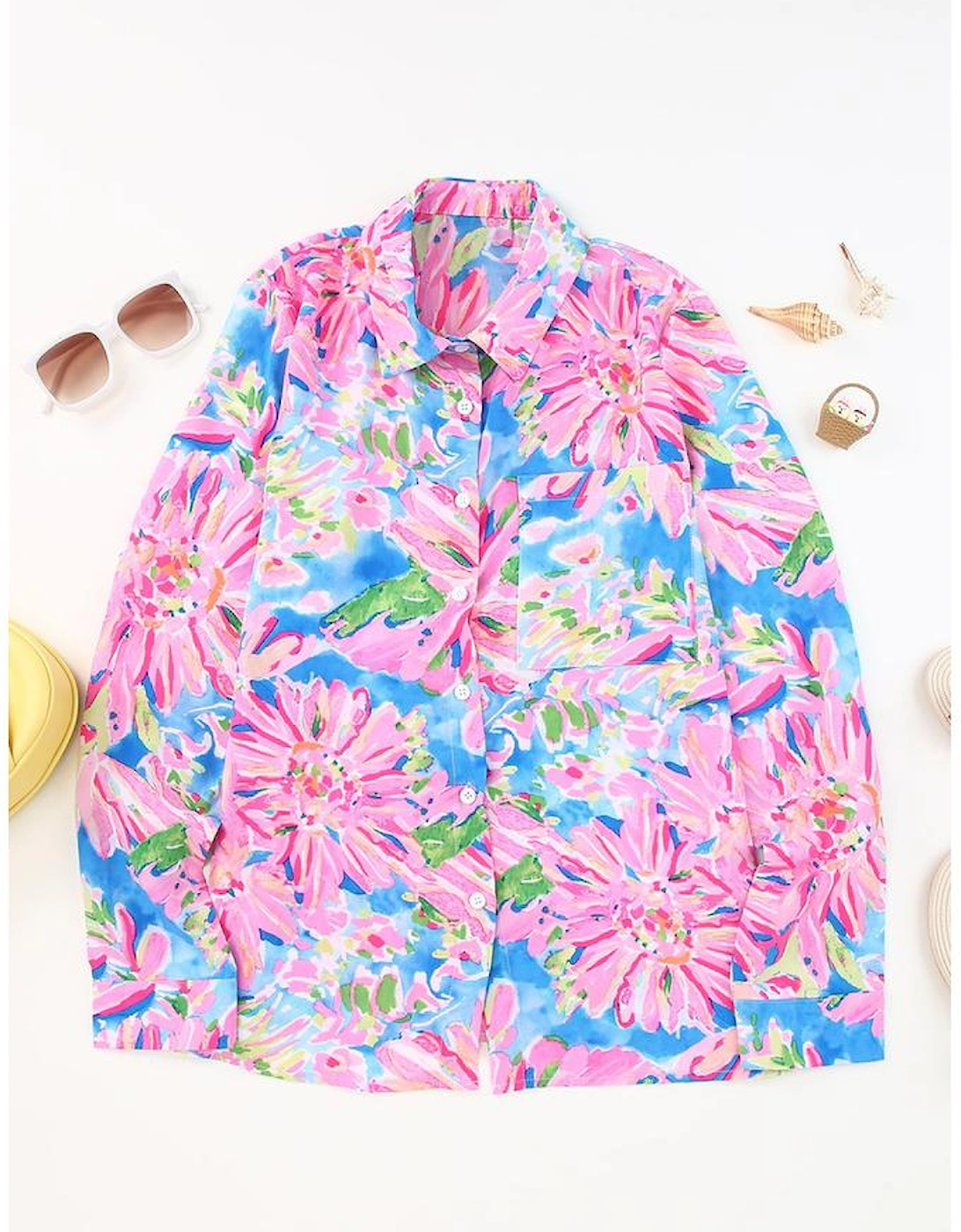 Pink Abstract Floral Print Buttoned Sheath Long Sleeve Shirt