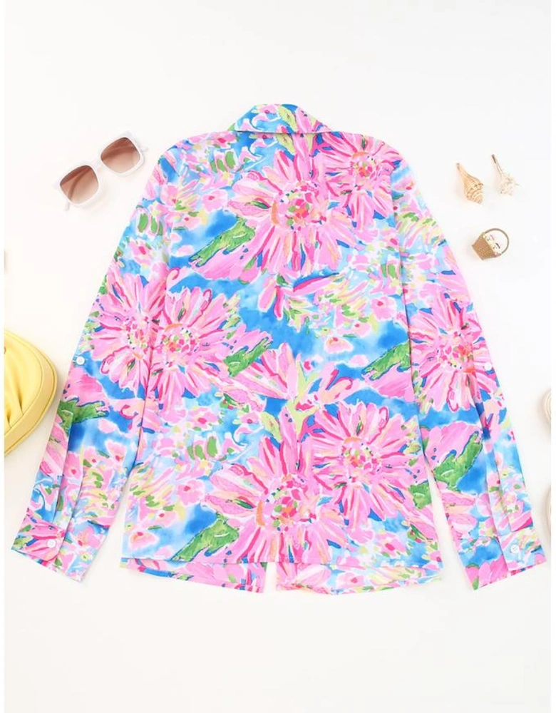 Pink Abstract Floral Print Buttoned Sheath Long Sleeve Shirt