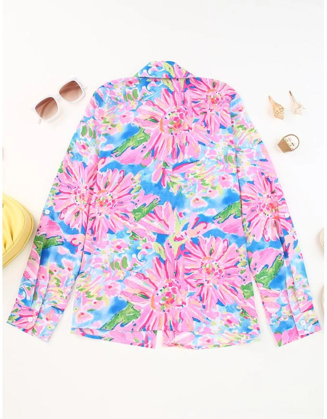 Pink Abstract Floral Print Buttoned Sheath Long Sleeve Shirt