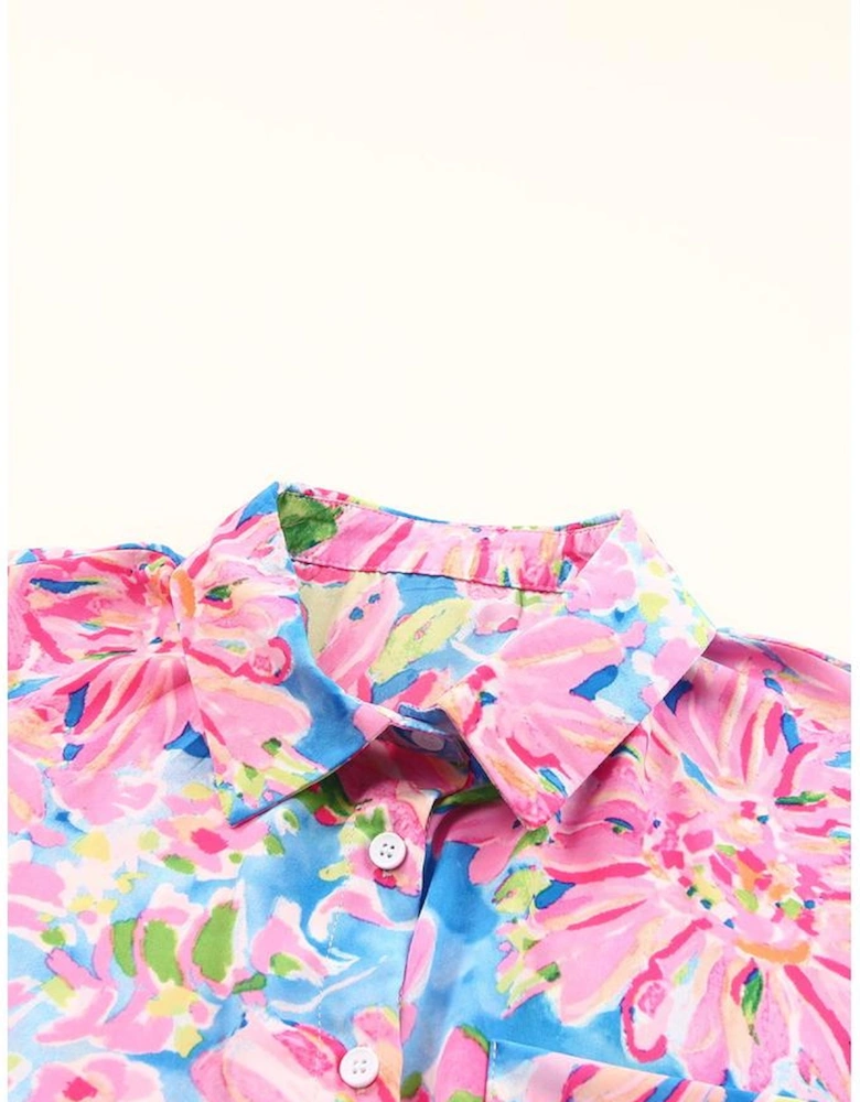 Pink Abstract Floral Print Buttoned Sheath Long Sleeve Shirt