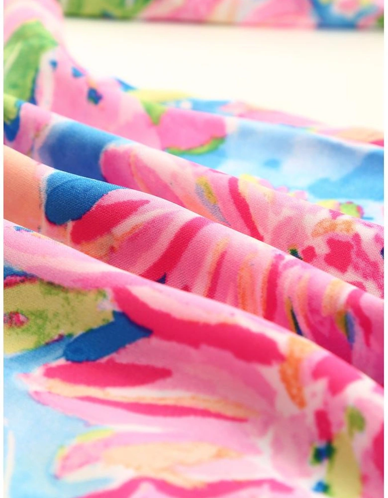 Pink Abstract Floral Print Buttoned Sheath Long Sleeve Shirt