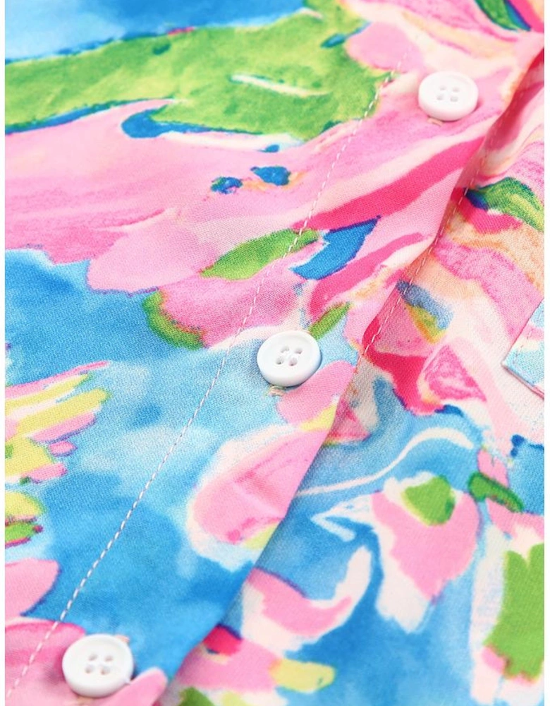 Pink Abstract Floral Print Buttoned Sheath Long Sleeve Shirt