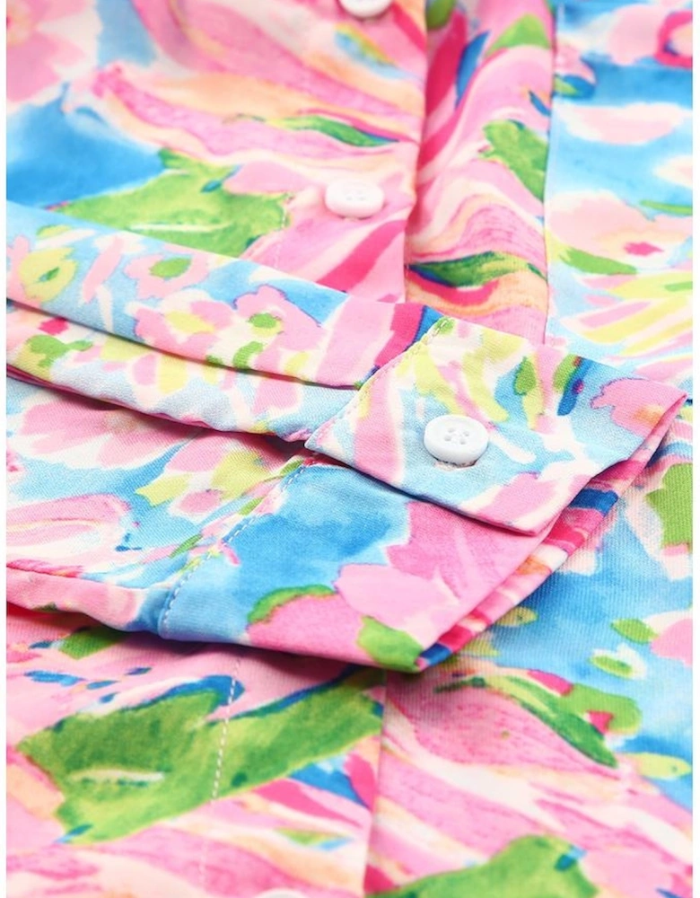 Pink Abstract Floral Print Buttoned Sheath Long Sleeve Shirt