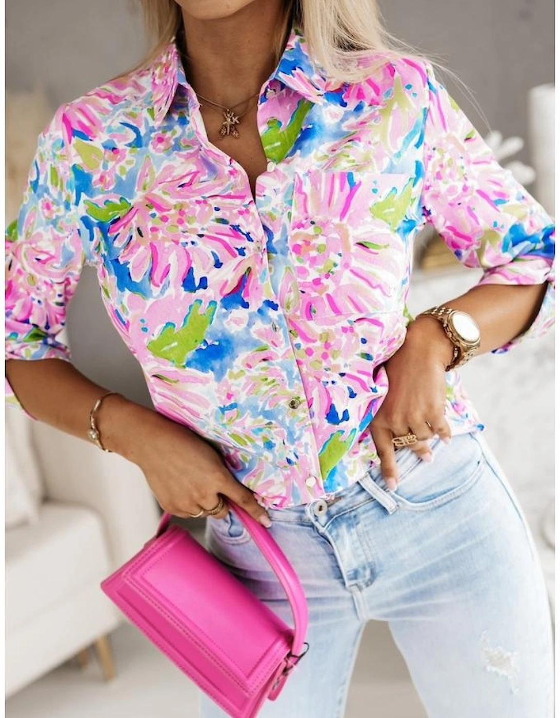 Pink Abstract Floral Print Buttoned Sheath Long Sleeve Shirt