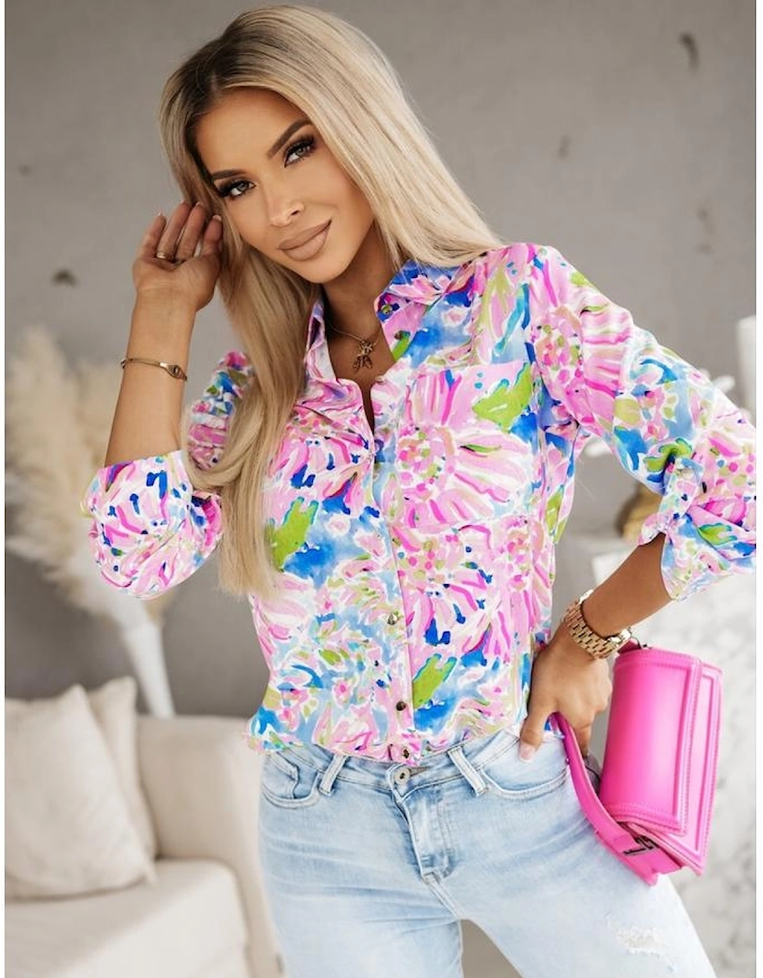 Pink Abstract Floral Print Buttoned Sheath Long Sleeve Shirt
