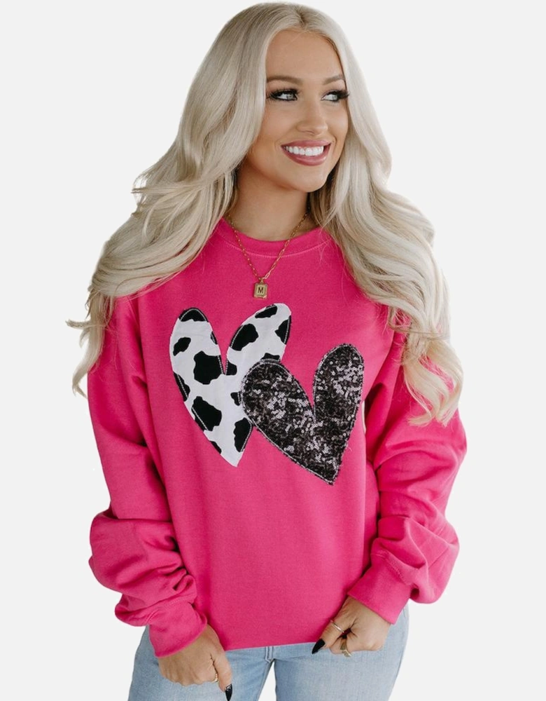 Strawberry Pink Cow & Sequin Double Heart Patch Graphic Sweatshirt