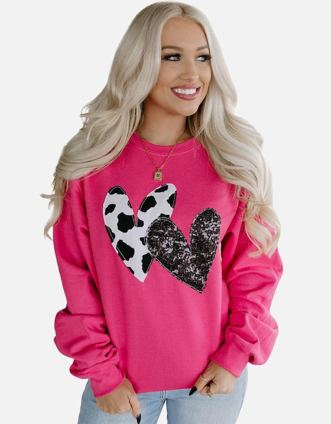 Strawberry Pink Cow & Sequin Double Heart Patch Graphic Sweatshirt