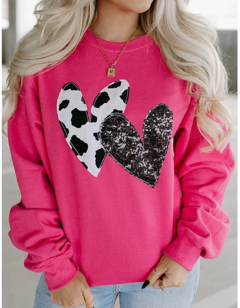 Strawberry Pink Cow & Sequin Double Heart Patch Graphic Sweatshirt