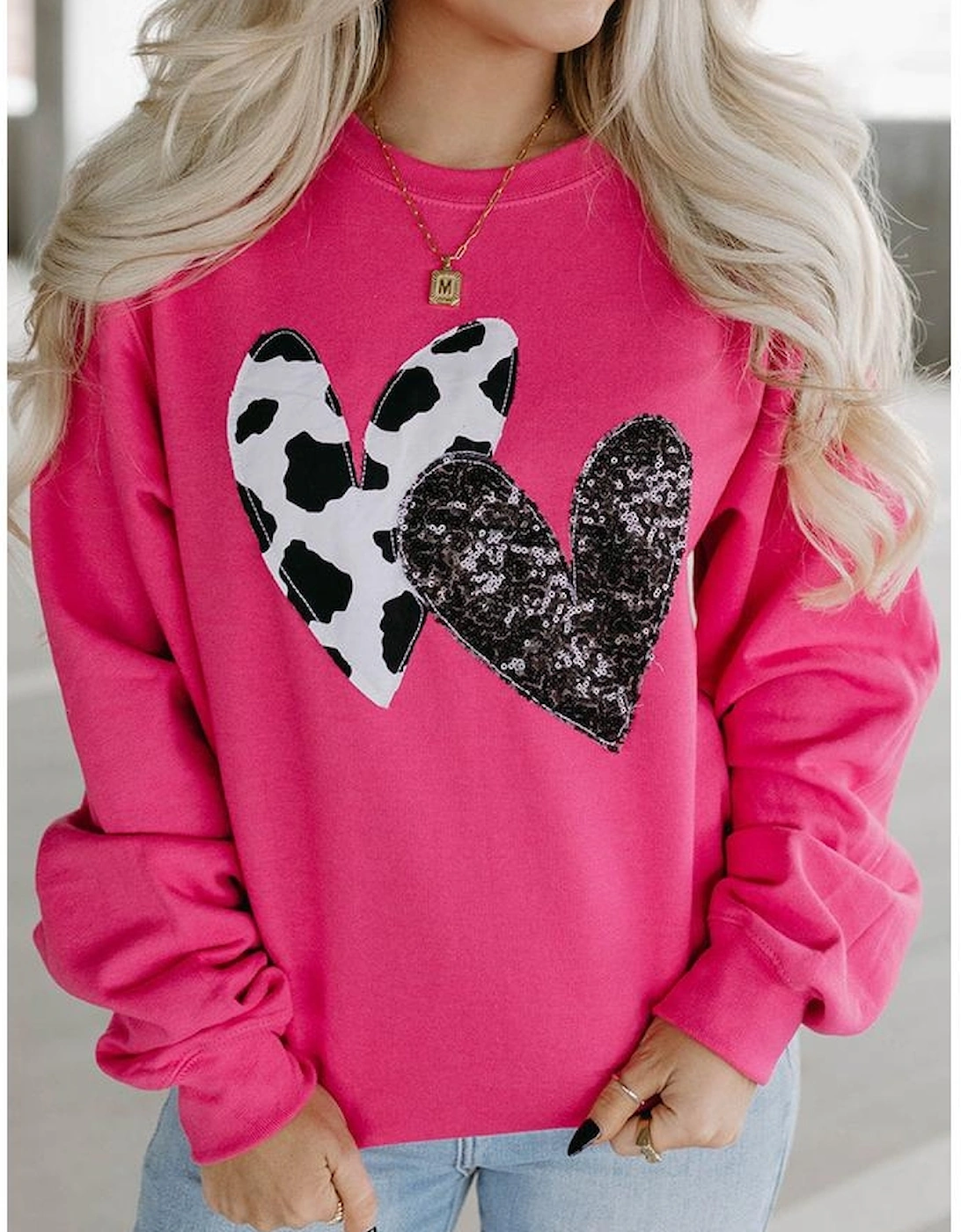 Strawberry Pink Cow & Sequin Double Heart Patch Graphic Sweatshirt