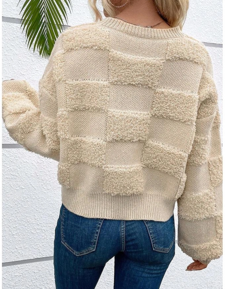 Parchment Checkered Sherpa Crew Neck Loose Sweater