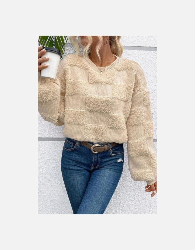 Parchment Checkered Sherpa Crew Neck Loose Sweater