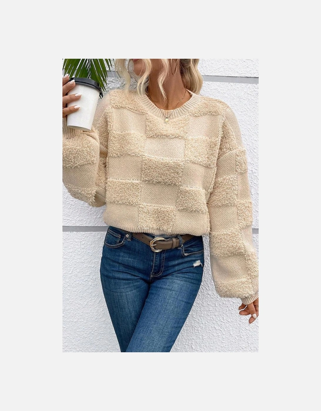 Parchment Checkered Sherpa Crew Neck Loose Sweater