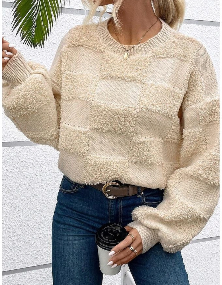 Parchment Checkered Sherpa Crew Neck Loose Sweater