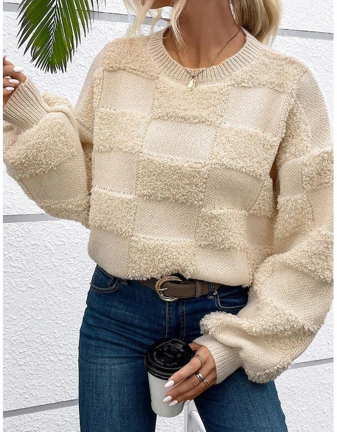 Parchment Checkered Sherpa Crew Neck Loose Sweater