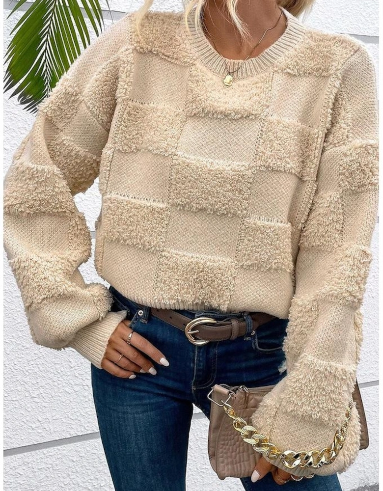 Parchment Checkered Sherpa Crew Neck Loose Sweater