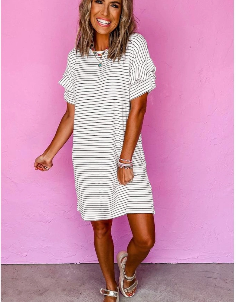 White Stripe Ruffled Short Sleeve Crew Neck T Shirt Shift Mini Dress