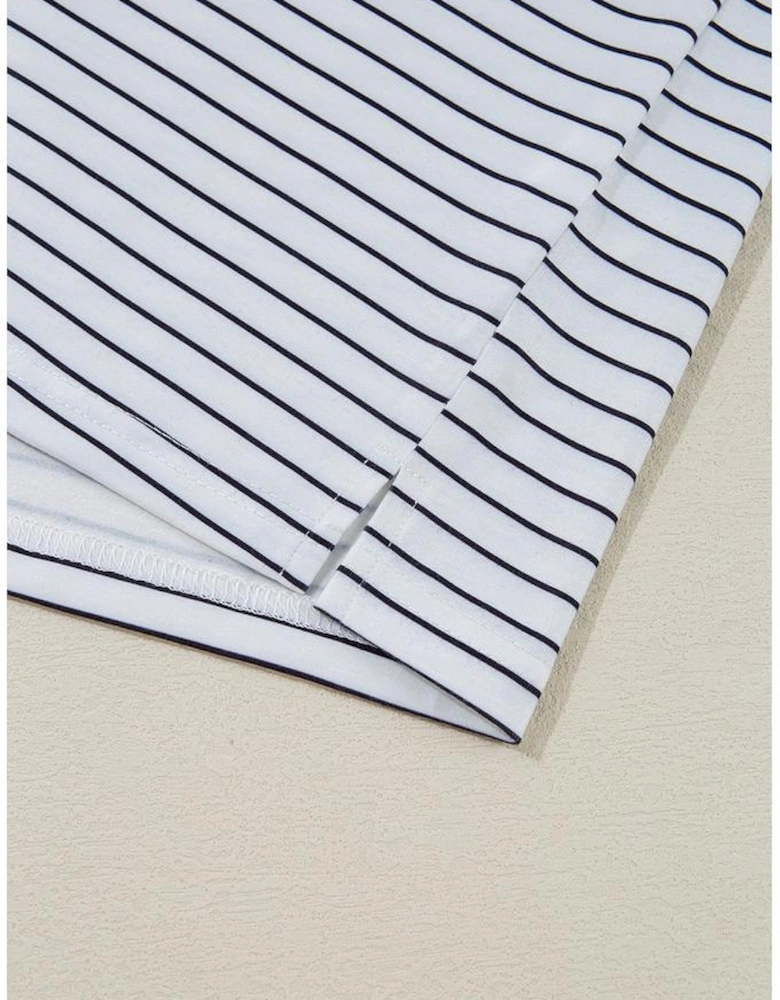 White Stripe Ruffled Short Sleeve Crew Neck T Shirt Shift Mini Dress