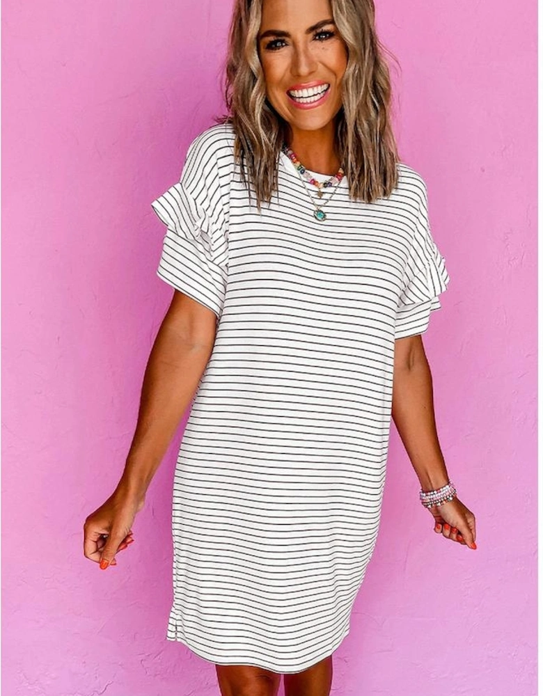White Stripe Ruffled Short Sleeve Crew Neck T Shirt Shift Mini Dress