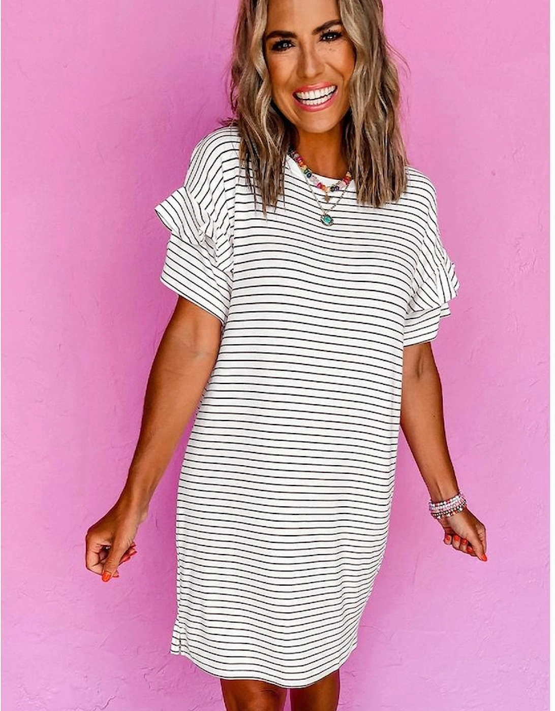White Stripe Ruffled Short Sleeve Crew Neck T Shirt Shift Mini Dress