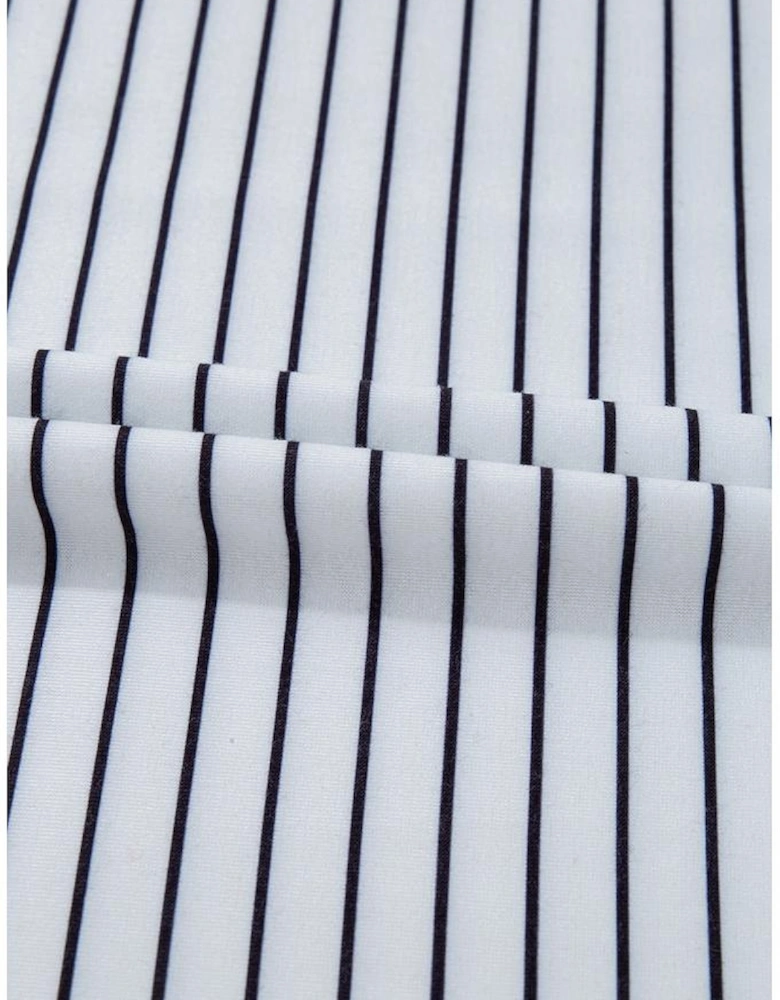 White Stripe Ruffled Short Sleeve Crew Neck T Shirt Shift Mini Dress