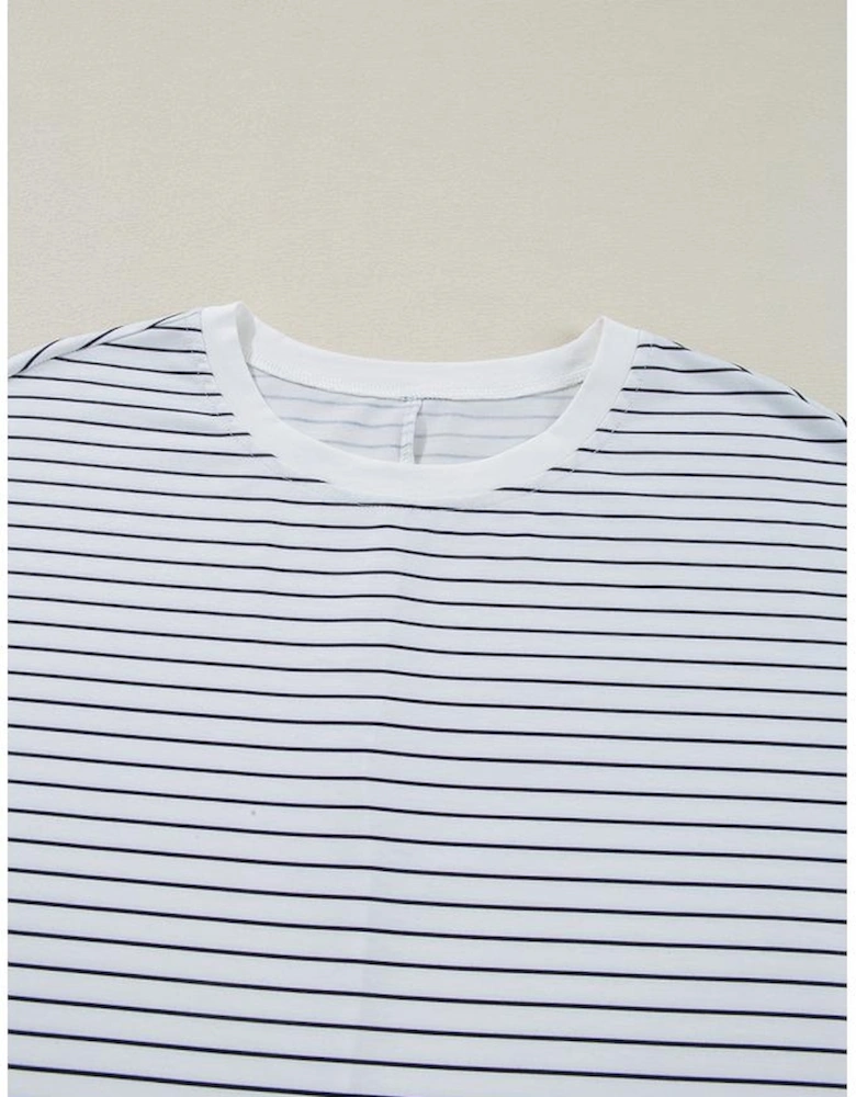 White Stripe Ruffled Short Sleeve Crew Neck T Shirt Shift Mini Dress