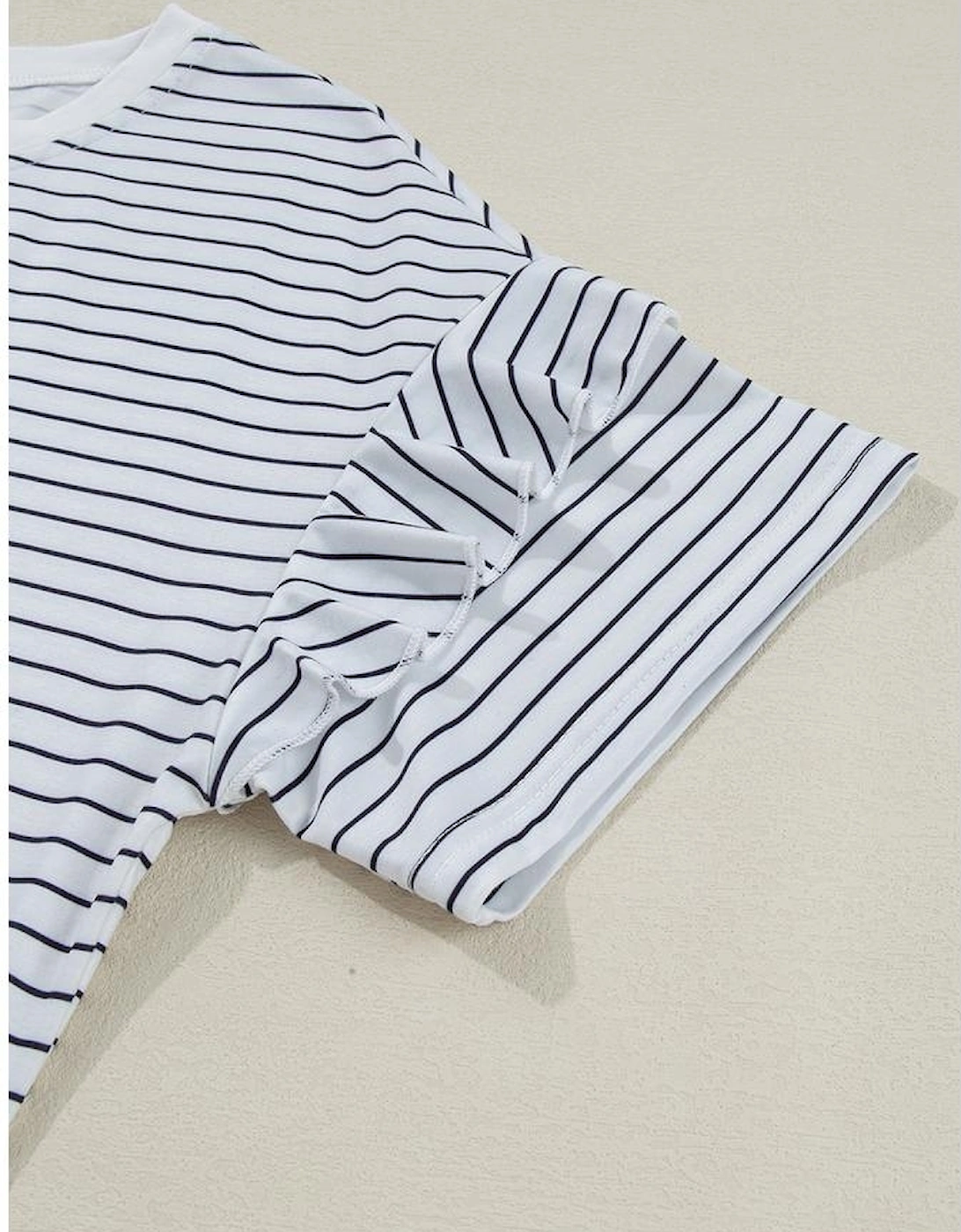 White Stripe Ruffled Short Sleeve Crew Neck T Shirt Shift Mini Dress