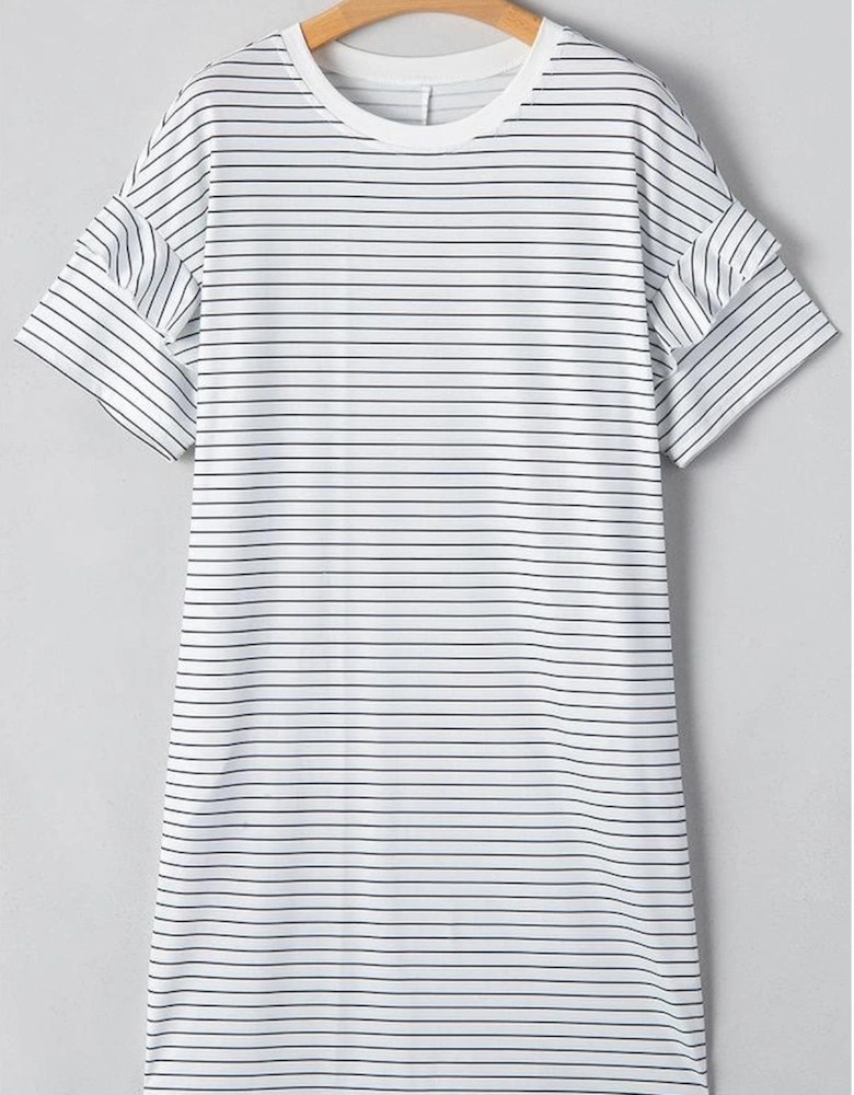 White Stripe Ruffled Short Sleeve Crew Neck T Shirt Shift Mini Dress