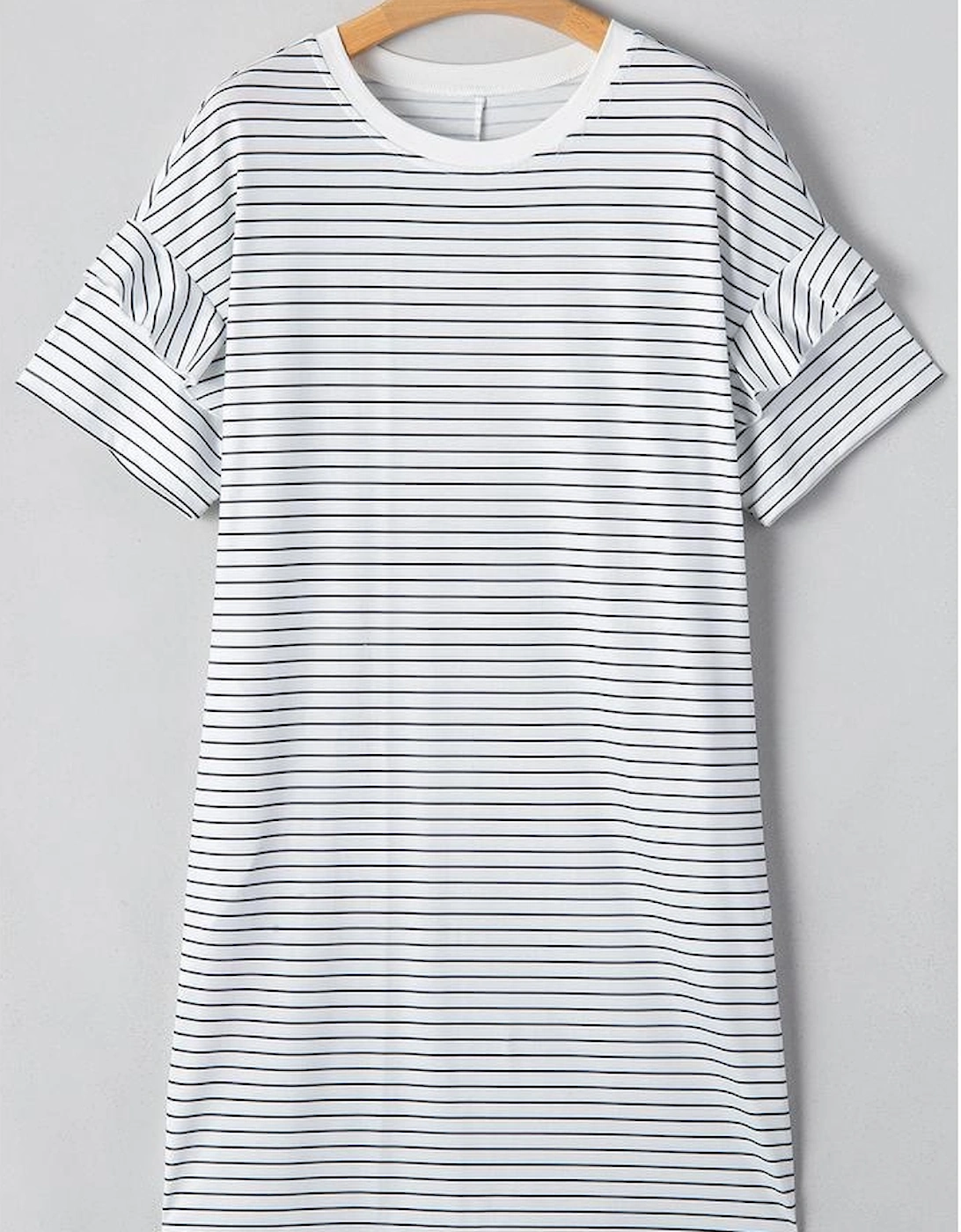 White Stripe Ruffled Short Sleeve Crew Neck T Shirt Shift Mini Dress
