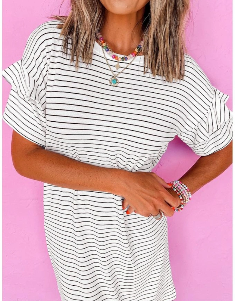 White Stripe Ruffled Short Sleeve Crew Neck T Shirt Shift Mini Dress