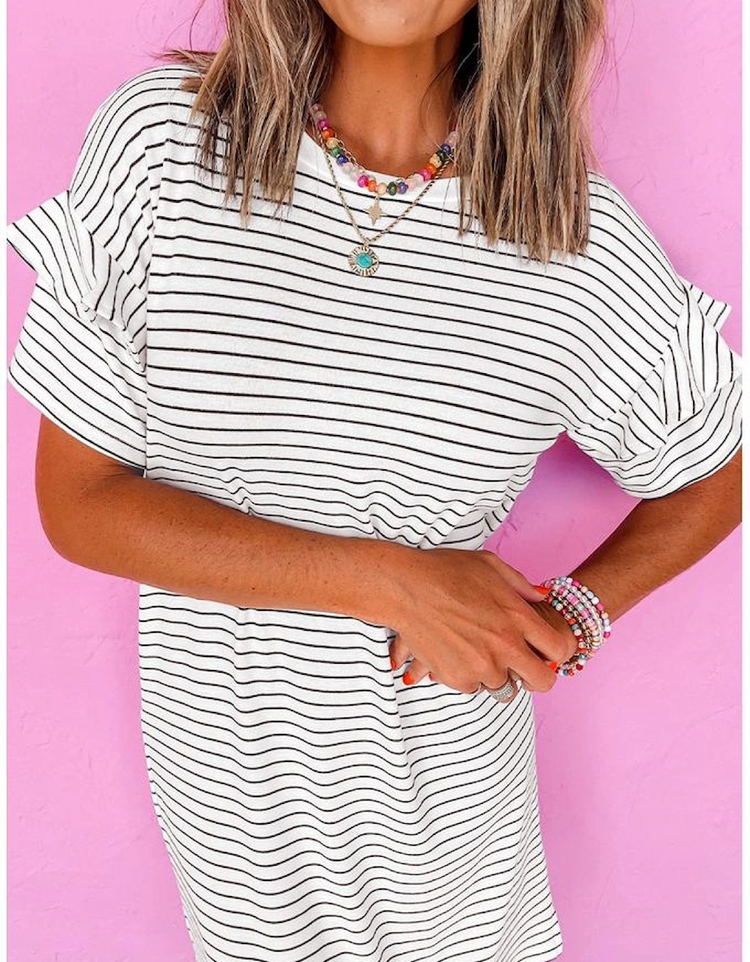 White Stripe Ruffled Short Sleeve Crew Neck T Shirt Shift Mini Dress