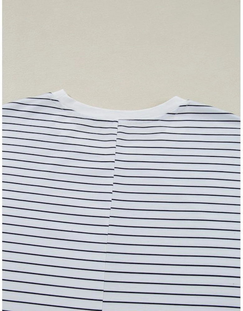 White Stripe Ruffled Short Sleeve Crew Neck T Shirt Shift Mini Dress