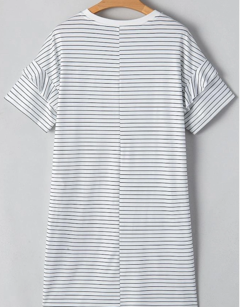 White Stripe Ruffled Short Sleeve Crew Neck T Shirt Shift Mini Dress