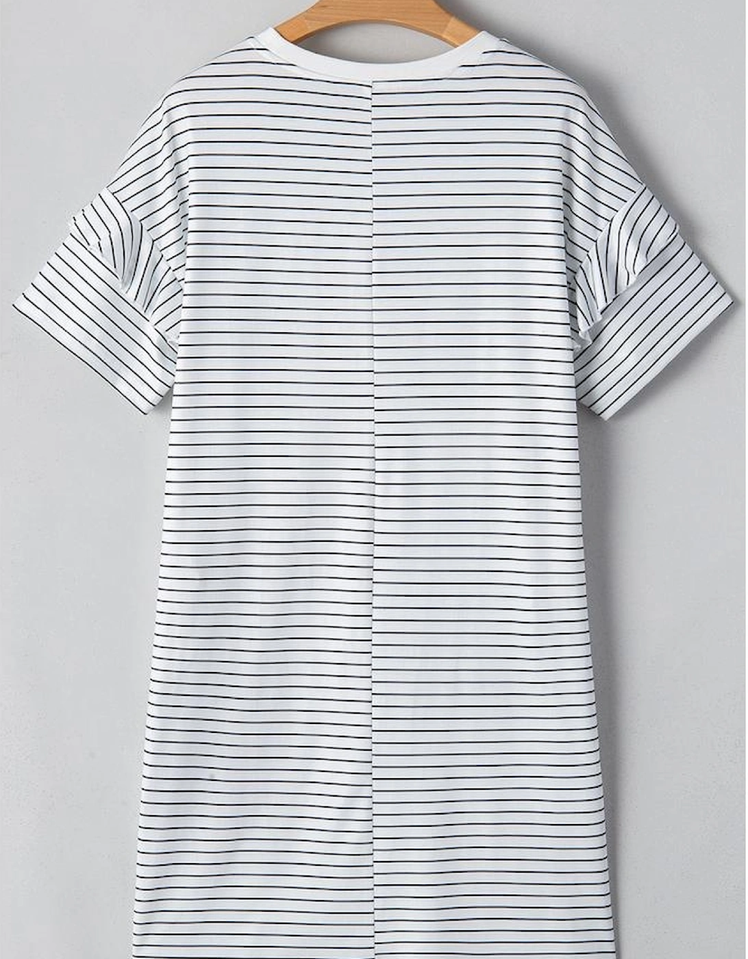 White Stripe Ruffled Short Sleeve Crew Neck T Shirt Shift Mini Dress