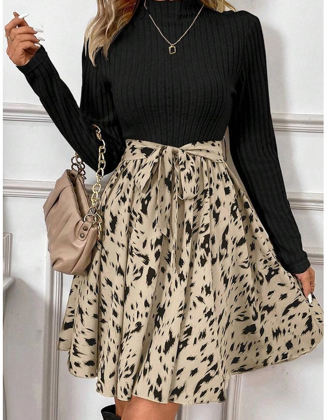 Black Ribbed Knit Patchwork Printed Belted A-line Dress