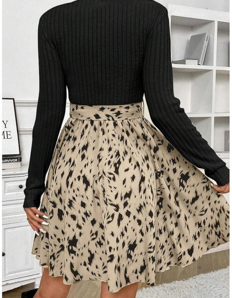 Black Ribbed Knit Patchwork Printed Belted A-line Dress