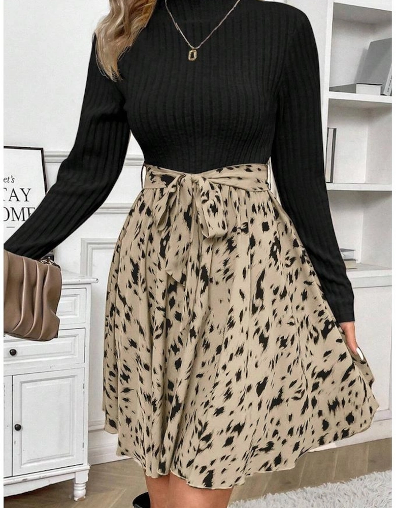 Black Ribbed Knit Patchwork Printed Belted A-line Dress