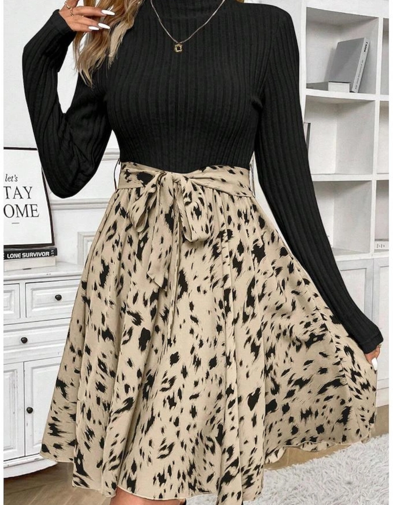 Black Ribbed Knit Patchwork Printed Belted A-line Dress