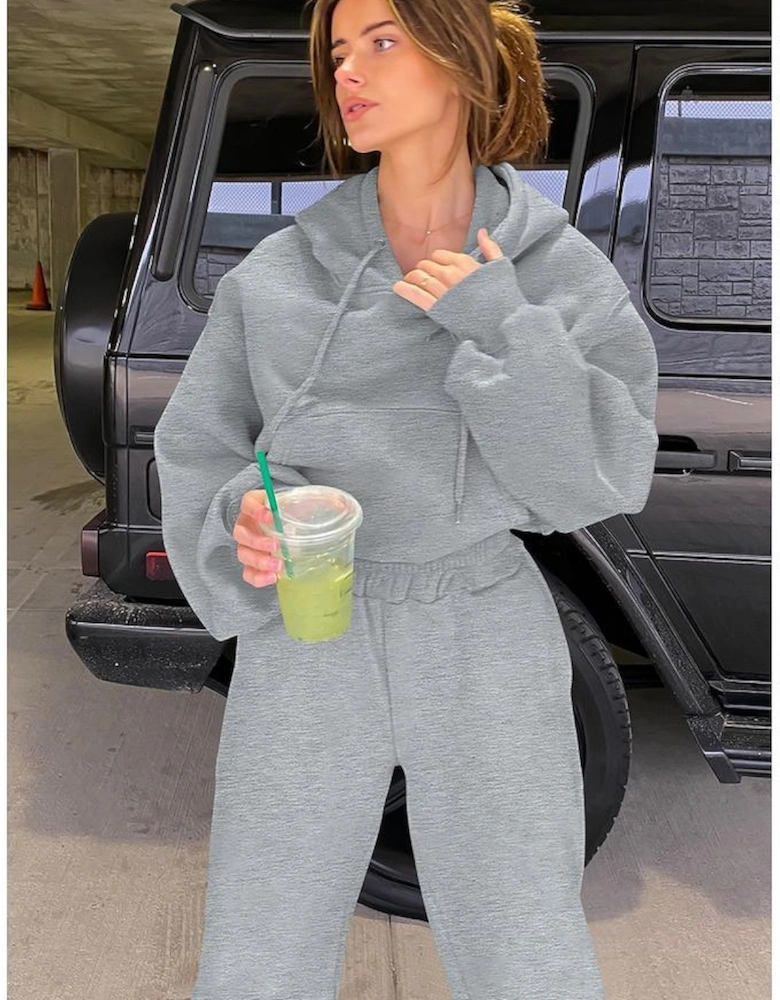 Gray Solid Drop Shoulder Hoodie and Joggers Activewear Set