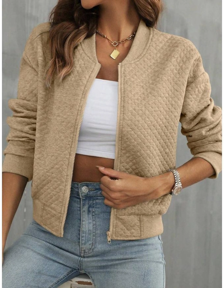 Pale Khaki Solid Geometric Textured Baseball Collar Jacket