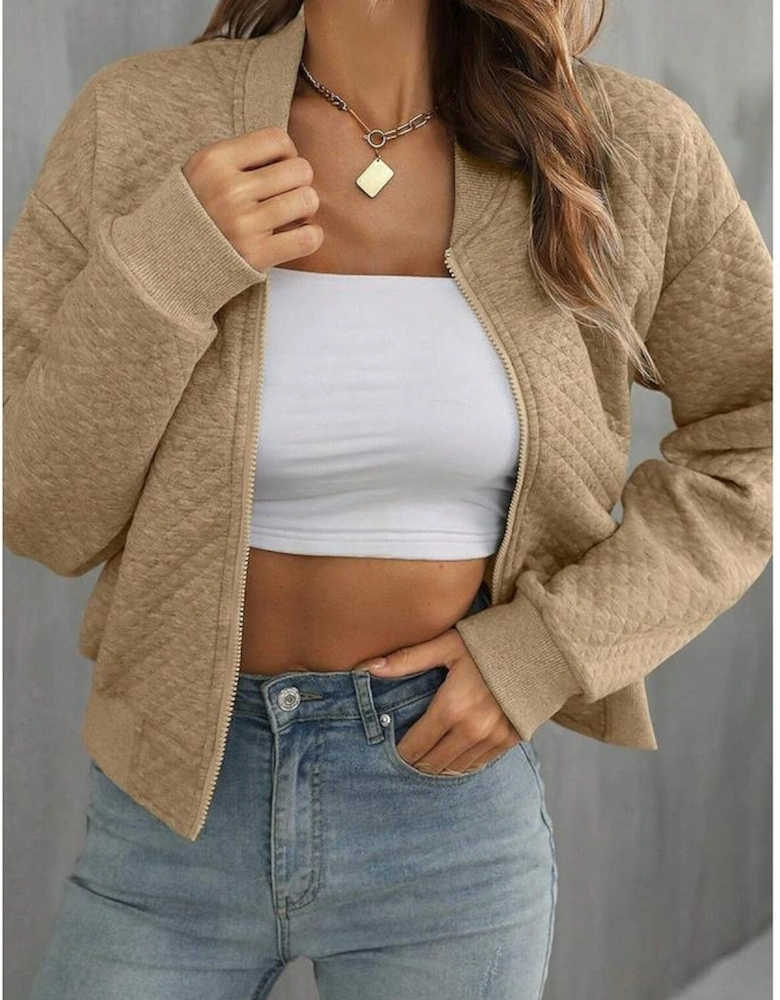 Pale Khaki Solid Geometric Textured Baseball Collar Jacket