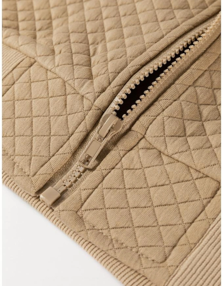 Pale Khaki Solid Geometric Textured Baseball Collar Jacket