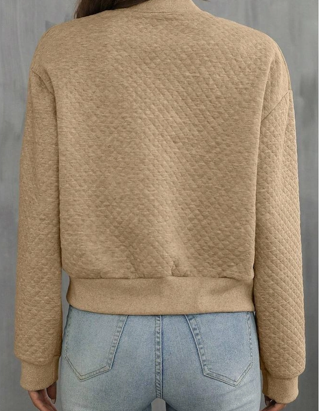 Pale Khaki Solid Geometric Textured Baseball Collar Jacket