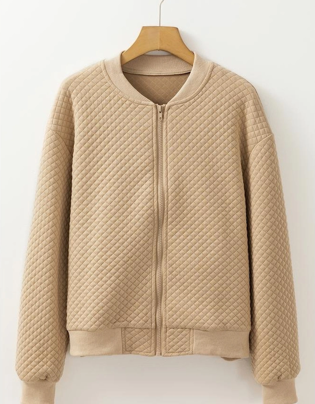 Pale Khaki Solid Geometric Textured Baseball Collar Jacket