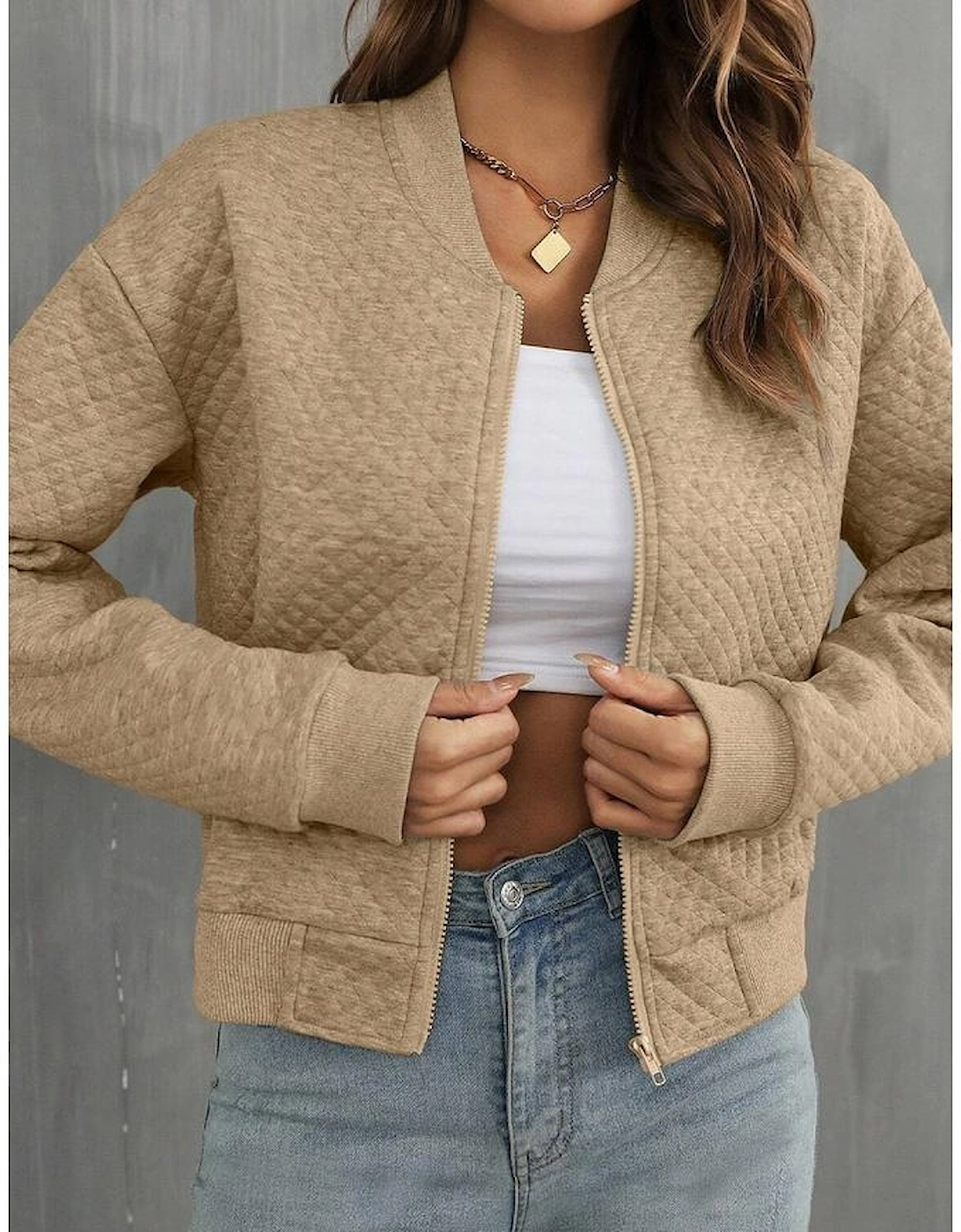 Pale Khaki Solid Geometric Textured Baseball Collar Jacket