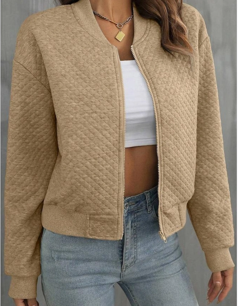 Pale Khaki Solid Geometric Textured Baseball Collar Jacket