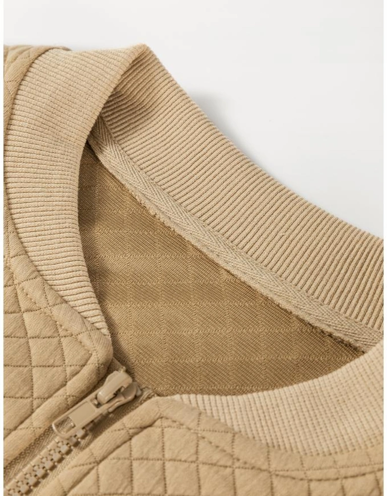 Pale Khaki Solid Geometric Textured Baseball Collar Jacket