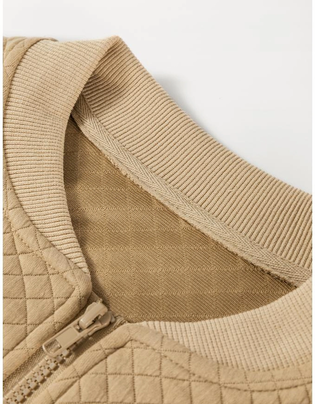 Pale Khaki Solid Geometric Textured Baseball Collar Jacket