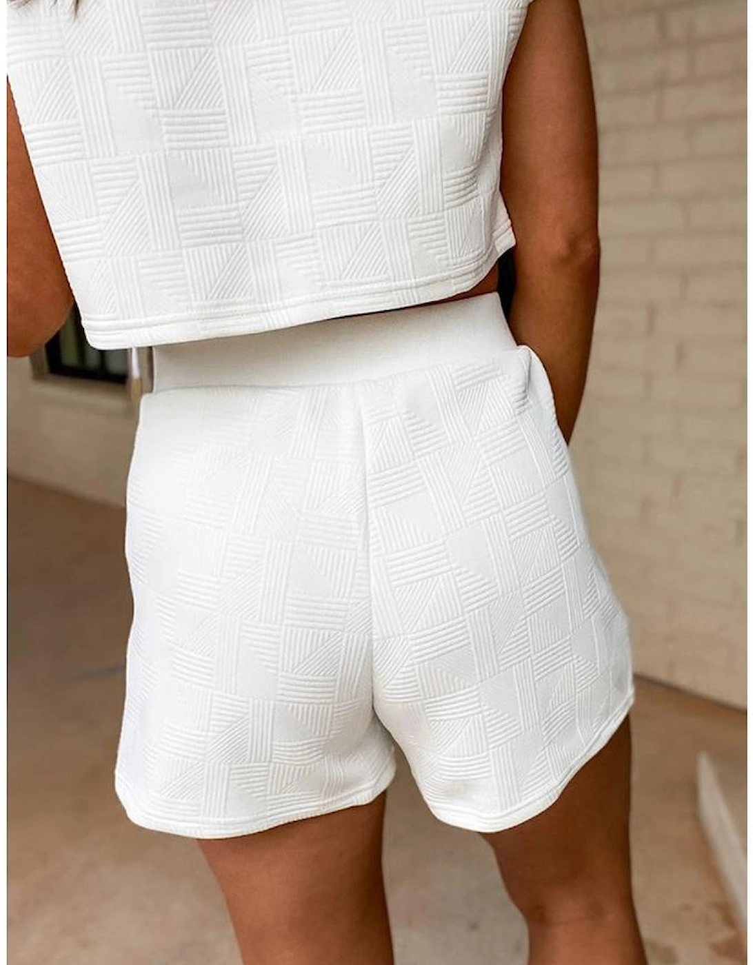White Textured Cropped Hoodie and Shorts Set