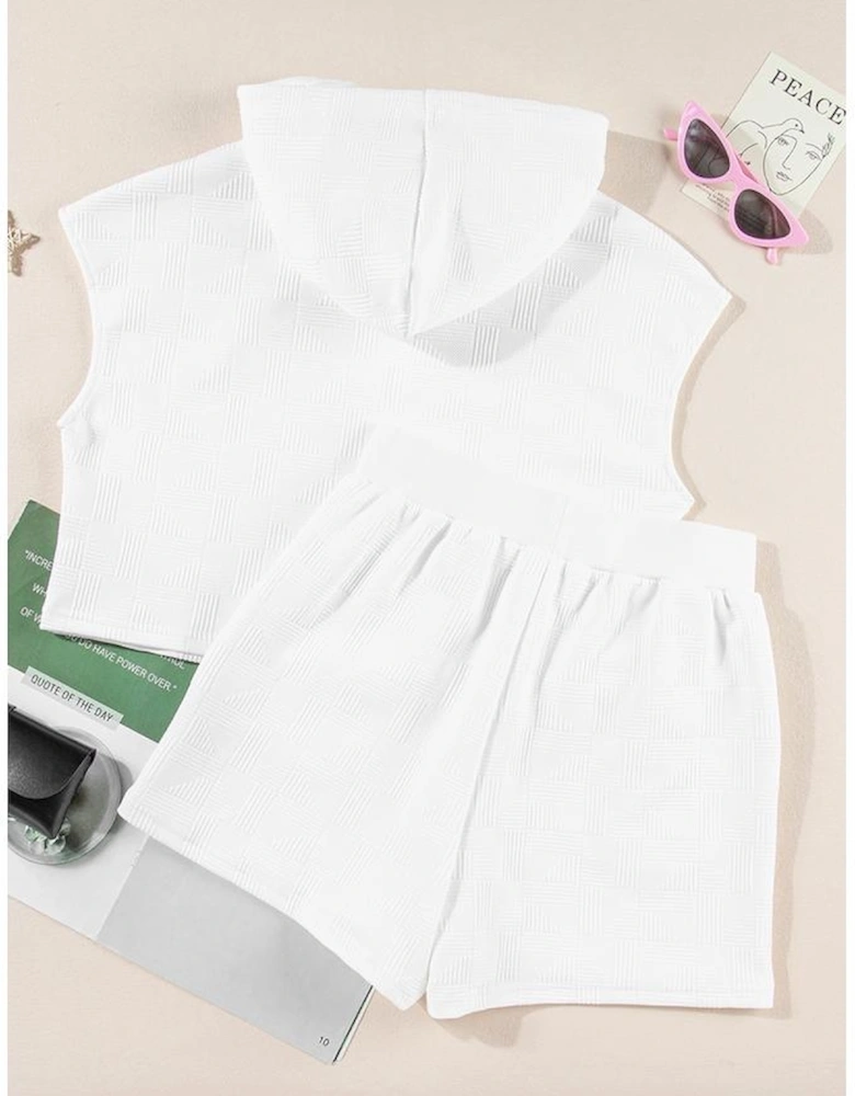 White Textured Cropped Hoodie and Shorts Set