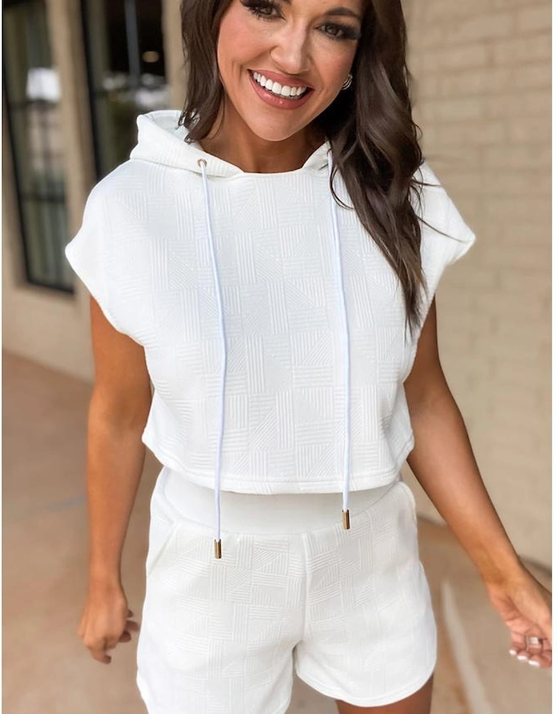 White Textured Cropped Hoodie and Shorts Set